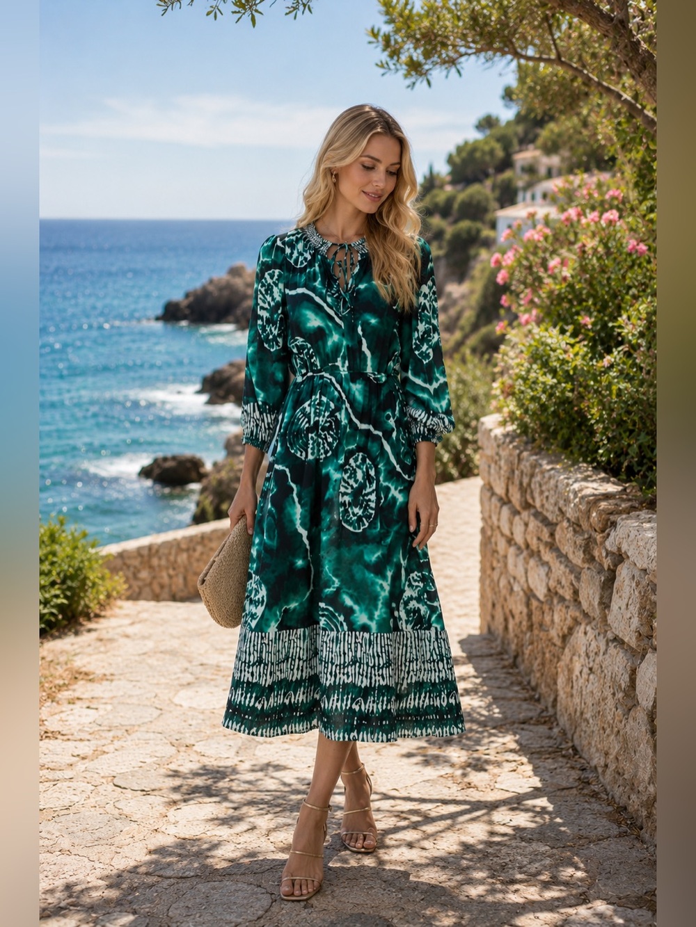 New Anthropology Garrie B Green and White Patterned Dress S